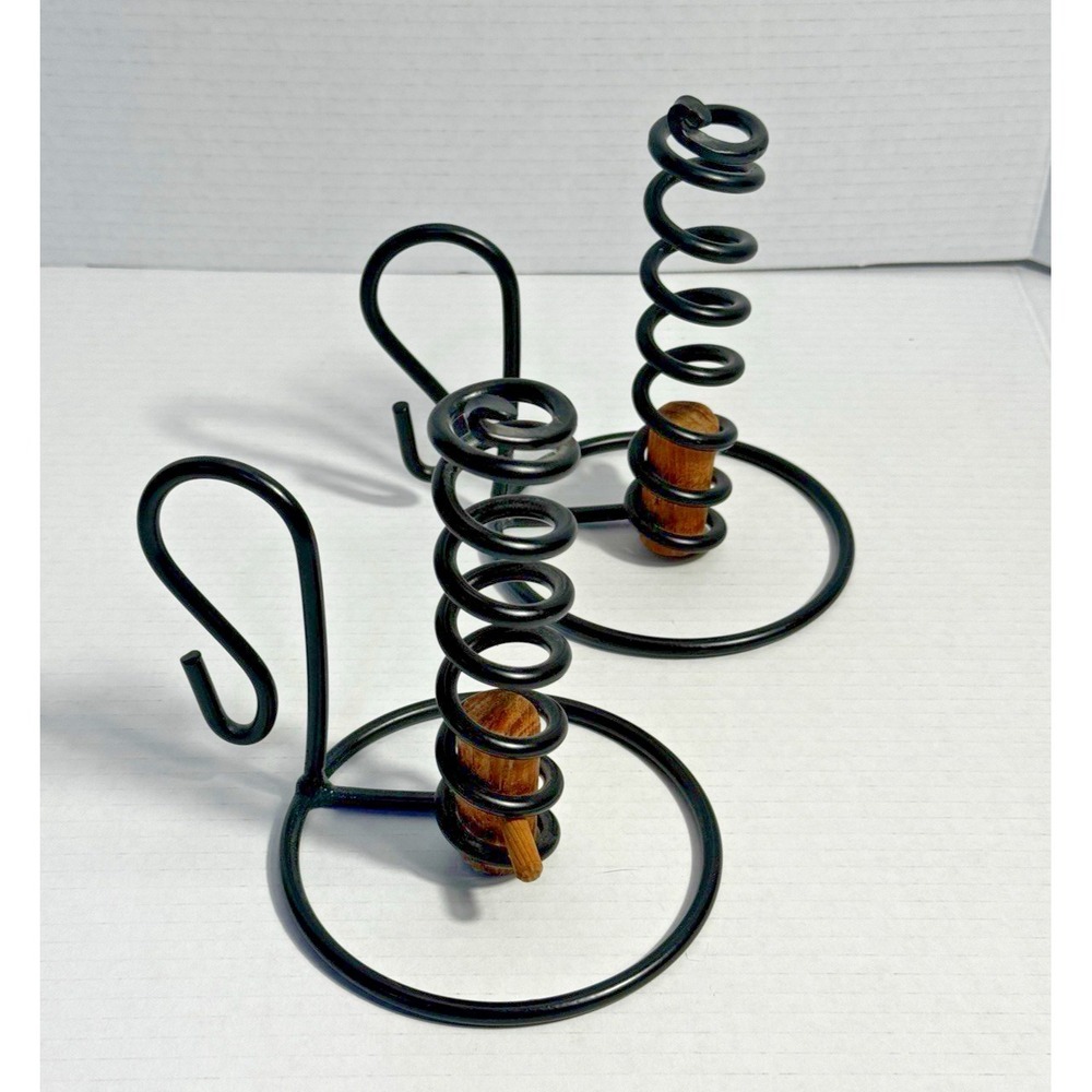 Vintage Wrought Iron Spiral Courting Candle Holder Set Black‎ Metal Wood 7in